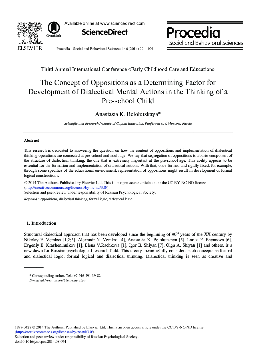 The Concept of Oppositions as a Determining Factor for Development of Dialectical Mental Actions in the Thinking of a Pre-school Child 