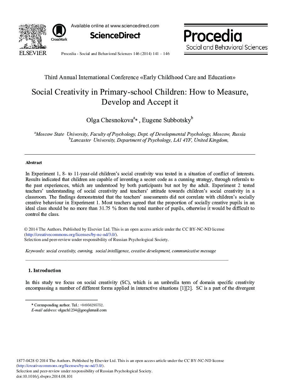 Social Creativity in Primary-school Children: How to Measure, Develop and Accept it 