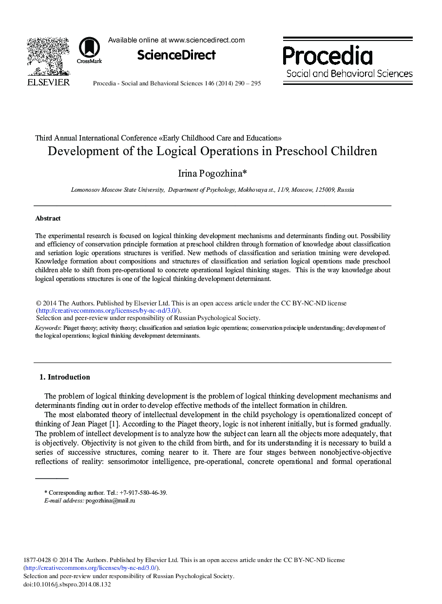 Development of the Logical Operations in Preschool Children 