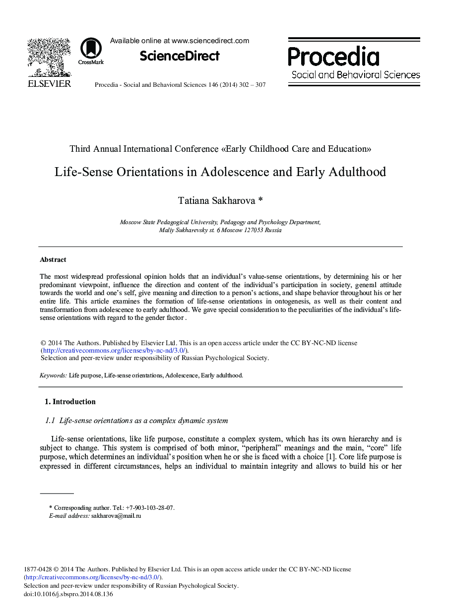 Life-sense Orientations in Adolescence and Early Adulthood 