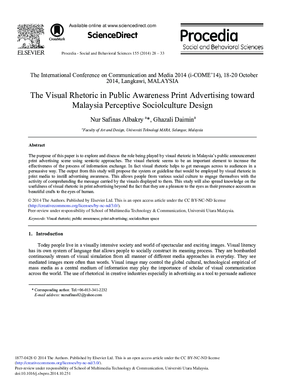 The Visual Rhetoric in Public Awareness Print Advertising toward Malaysia Perceptive Sociolculture Design 