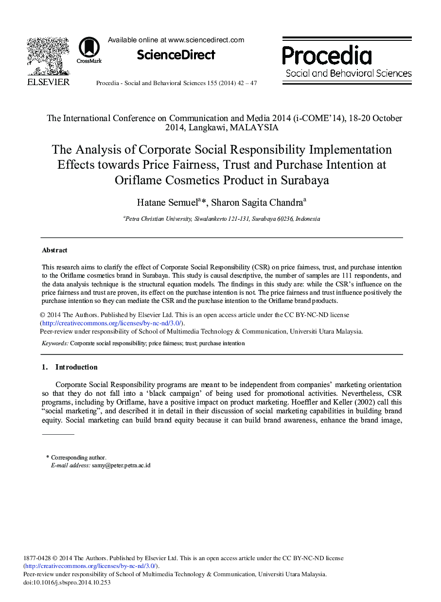 The Analysis of Corporate Social Responsibility Implementation Effects towards Price Fairness, Trust and Purchase Intention at Oriflame Cosmetics Product in Surabaya 