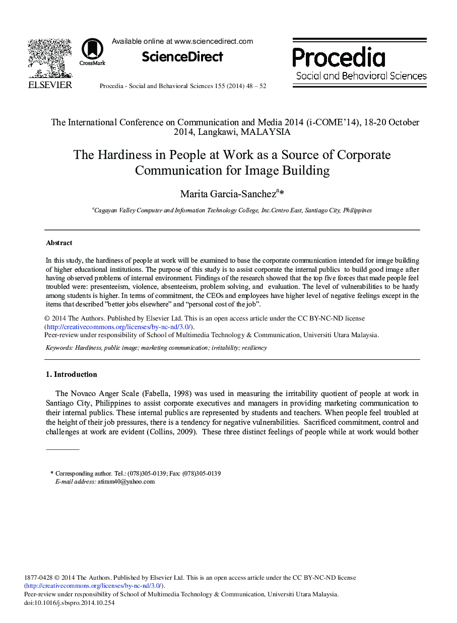 The Hardiness in People at Work as a Source of Corporate Communication for Image Building 