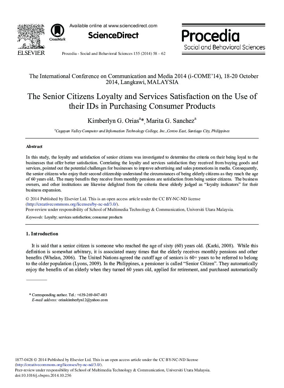 The Senior Citizens Loyalty and Services Satisfaction on the Use of their IDs in Purchasing Consumer Products 