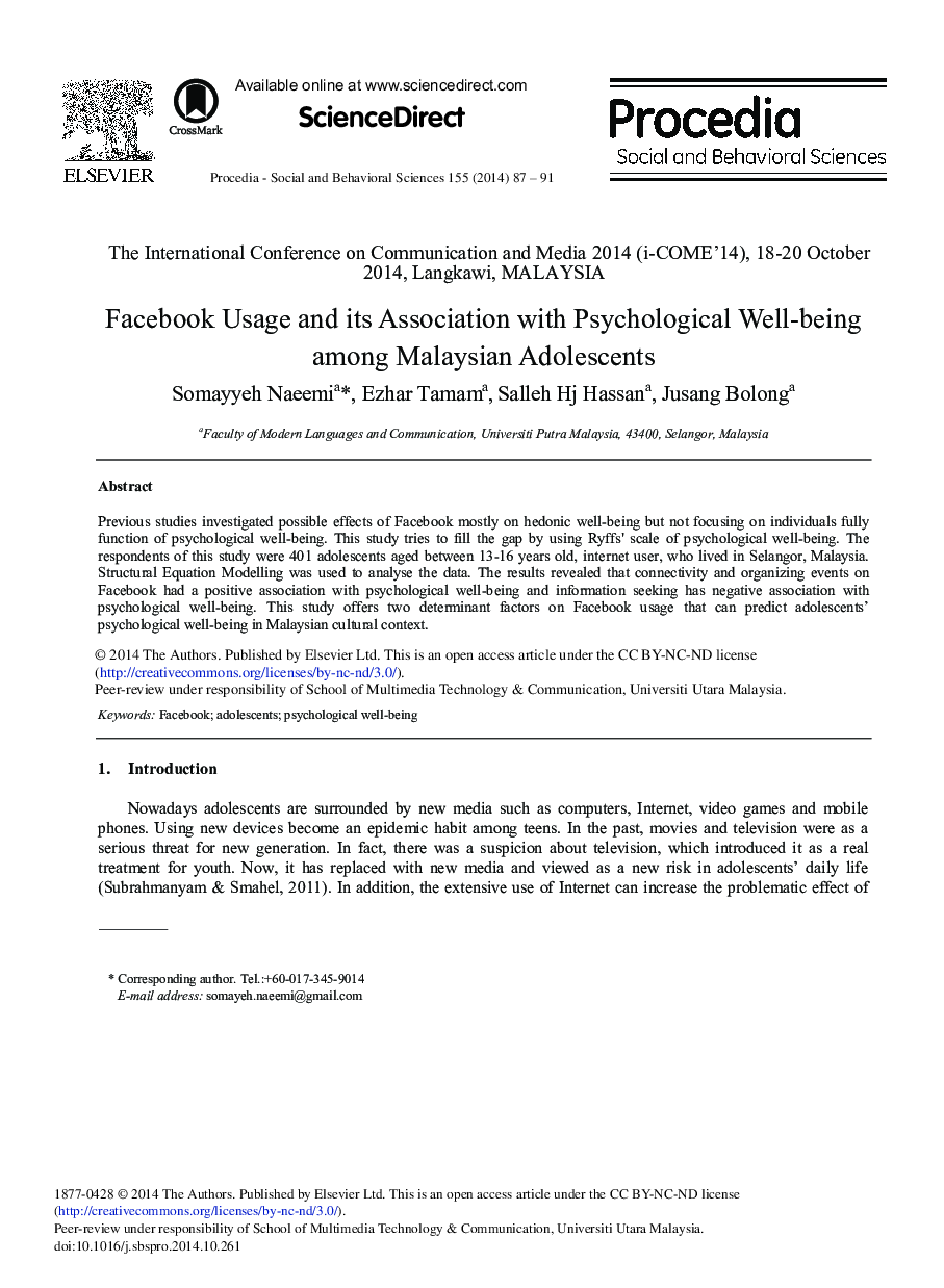 Facebook Usage and its Association with Psychological Well-being among Malaysian Adolescents 