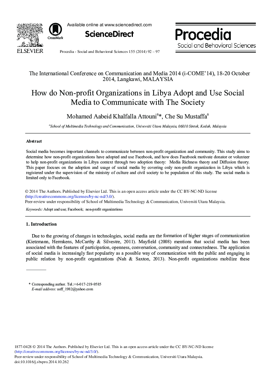 How do Non-profit Organizations in Libya Adopt and Use Social Media to Communicate with The Society 