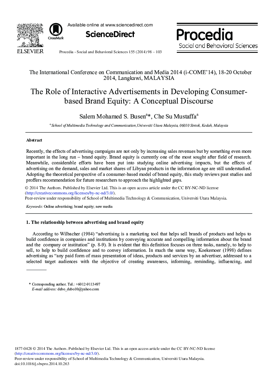 The Role of Interactive Advertisements in Developing Consumer-based Brand Equity: A Conceptual Discourse 