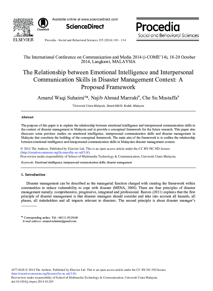 The Relationship between Emotional Intelligence and Interpersonal Communication Skills in Disaster Management Context: A Proposed Framework 