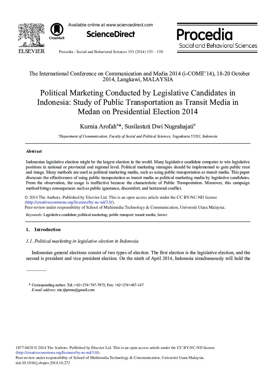 Political Marketing Conducted by Legislative Candidates in Indonesia: Study of Public Transportation as Transit Media in Medan on Presidential Election 2014 