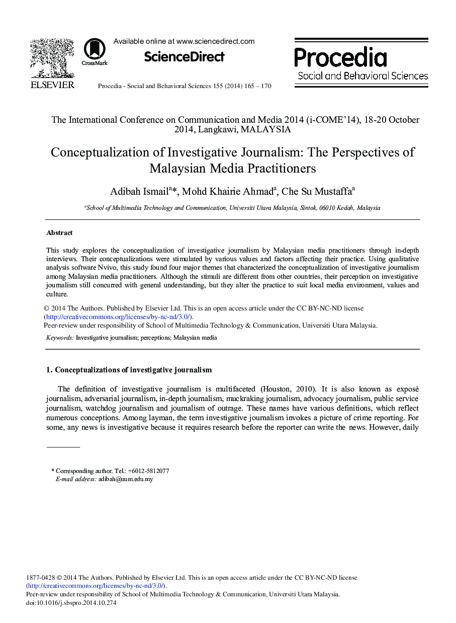 Conceptualization of Investigative Journalism: The Perspectives of Malaysian Media Practitioners 