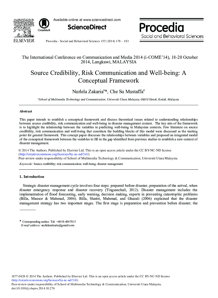 Source Credibility, Risk Communication and Well-being: A Conceptual Framework 