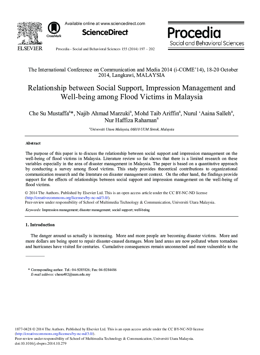 Relationship between Social Support, Impression Management and Well-being among Flood Victims in Malaysia 