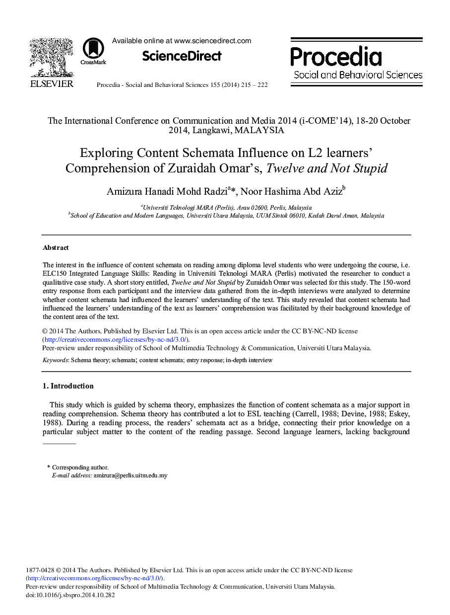 Exploring Content Schemata Influence on L2 Learners’ Comprehension of Zuraidah Omar's, Twelve and not Stupid 