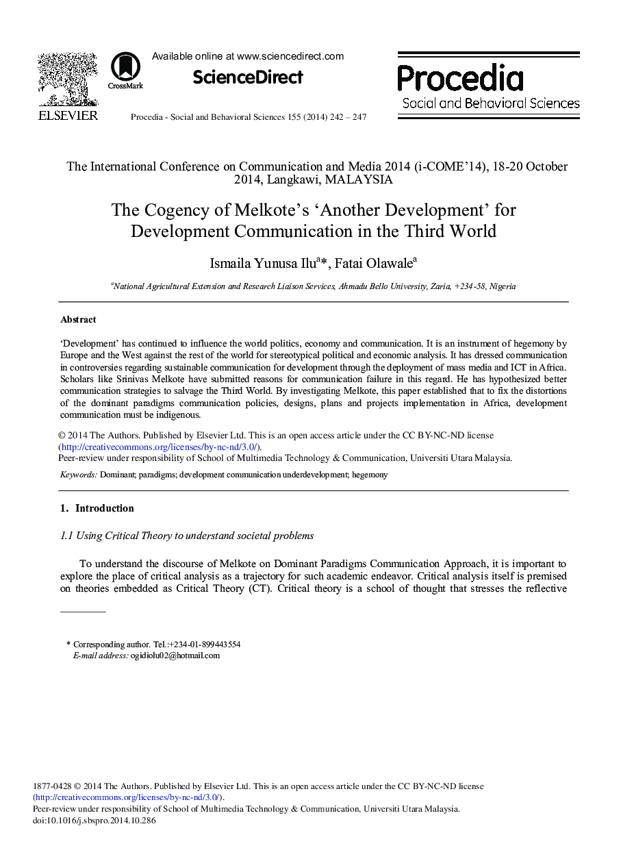 The Cogency of Melkote's ‘Another Development’ for Development Communication in the Third World 