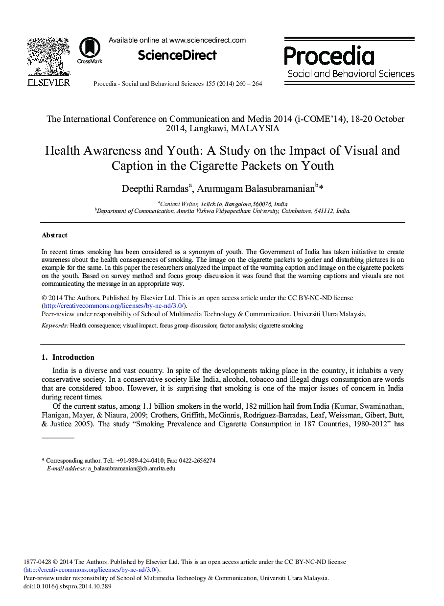 Health Awareness and Youth: A Study on the Impact of Visual and Caption in the Cigarette Packets on Youth 