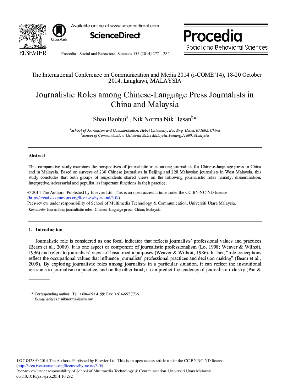 Journalistic Roles among Chinese-language Press Journalists in China and Malaysia 