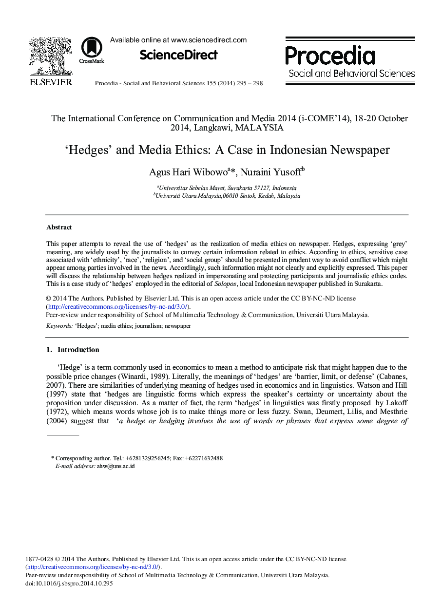 ‘Hedges’ and Media Ethics: A Case in Indonesian Newspaper 