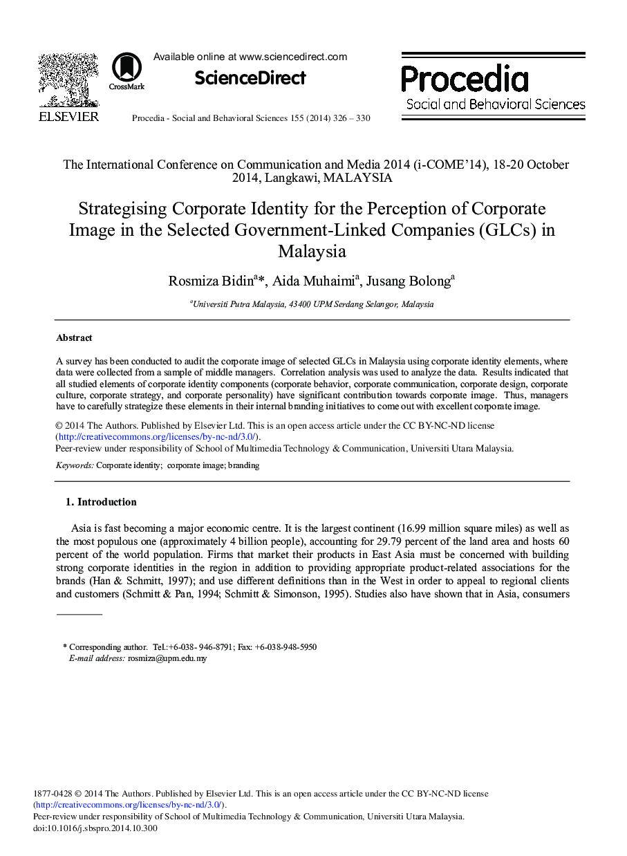 Strategising Corporate Identity for the Perception of Corporate Image in the Selected Government-linked Companies (GLCs) in Malaysia 