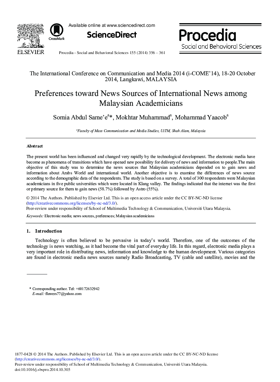 Preferences toward News Sources of International News among Malaysian Academicians 