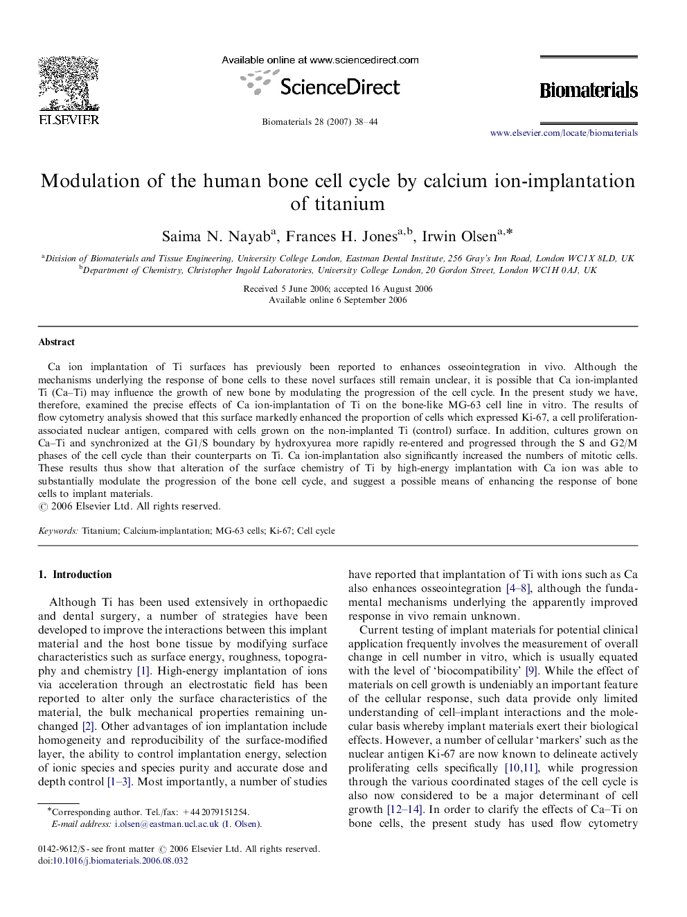 Modulation of the human bone cell cycle by calcium ion-implantation of titanium