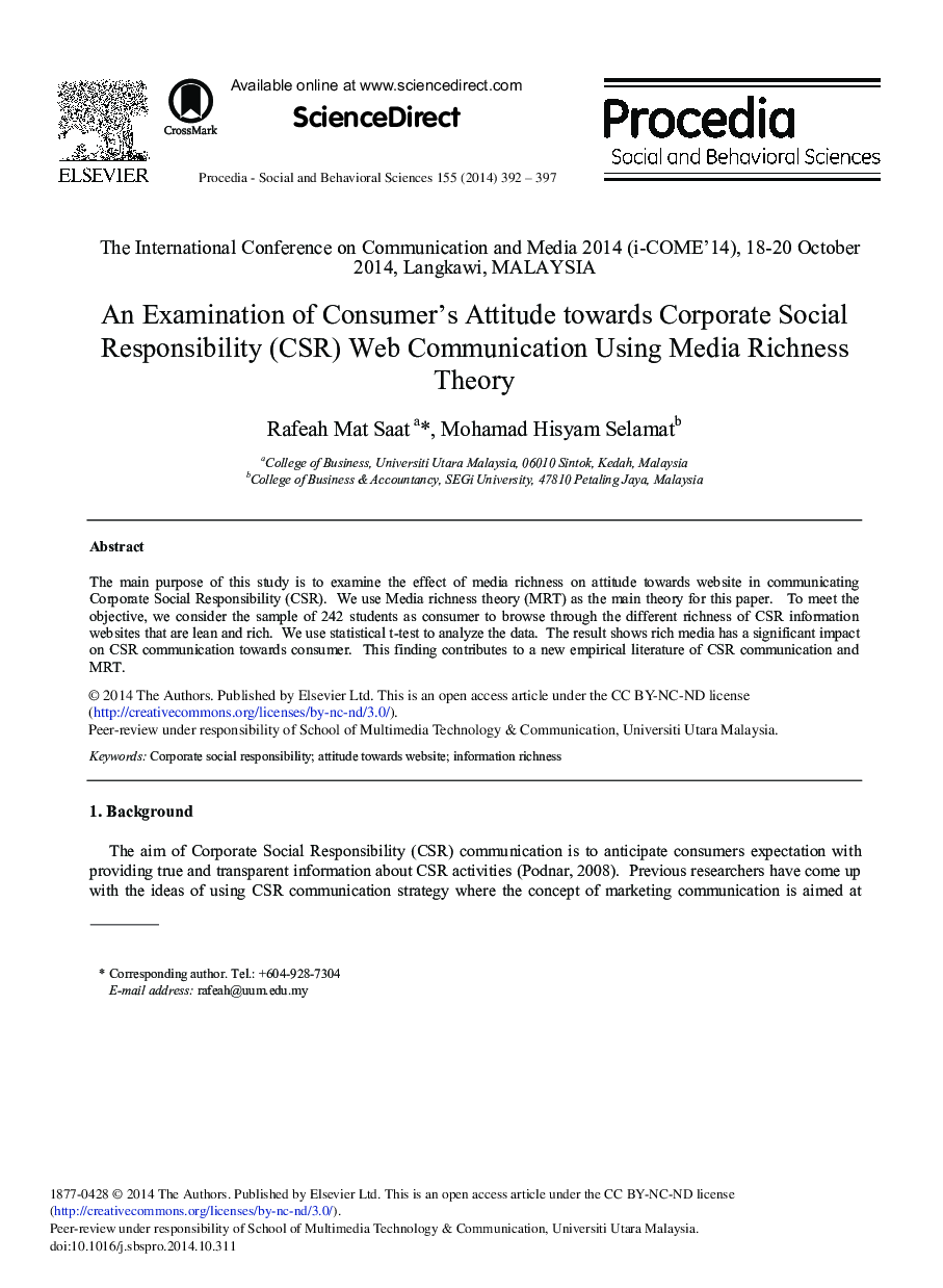 An Examination of Consumer's Attitude towards Corporate Social Responsibility (CSR) Web Communication Using Media Richness Theory 