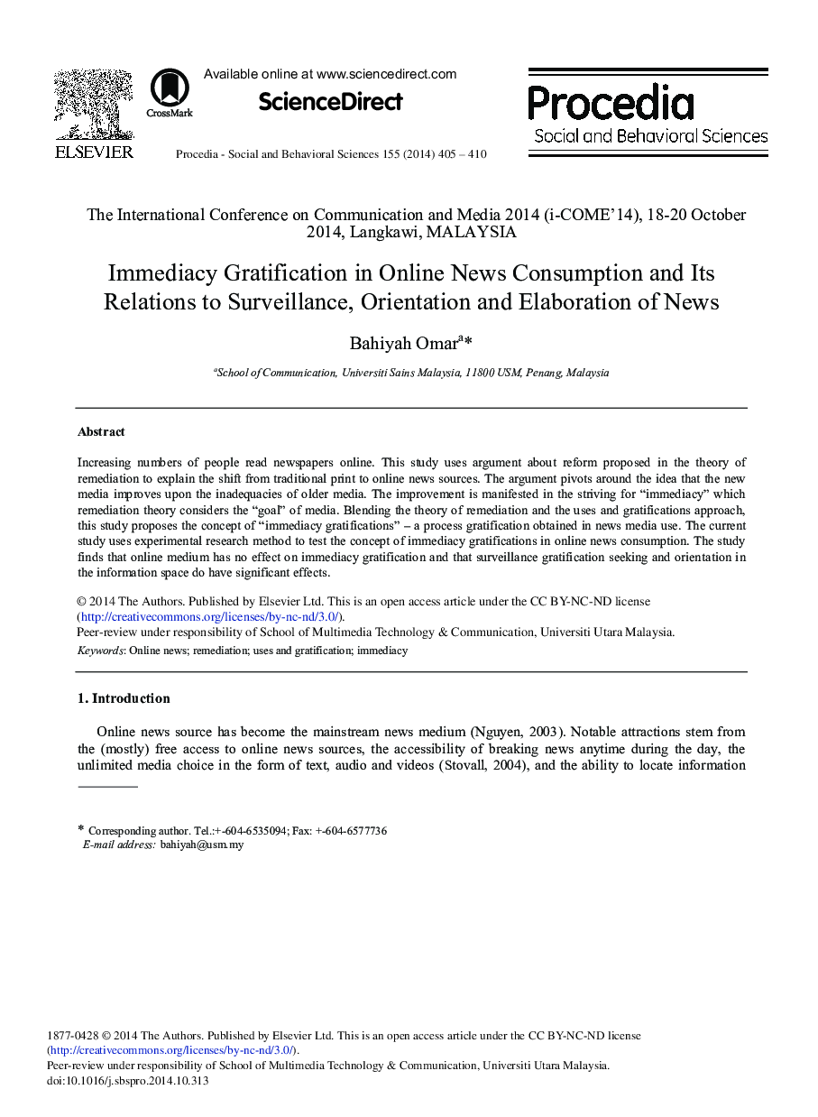 Immediacy Gratification in Online News Consumption and its Relations to Surveillance, Orientation and Elaboration of News 