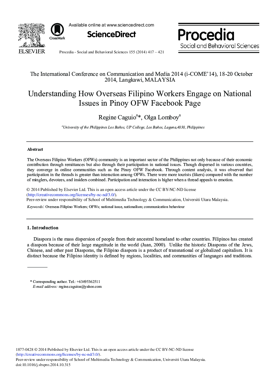 Understanding How Overseas Filipino Workers Engage on National Issues in Pinoy OFW Facebook Page 