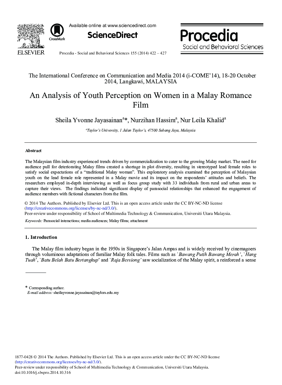 An Analysis of Youth Perception on Women in a Malay Romance Film 