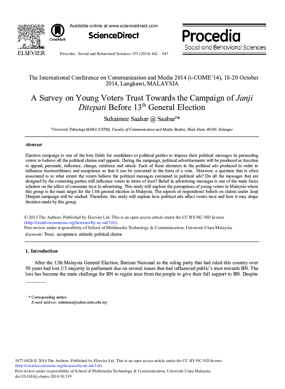 A Survey on Young Voters Trust towards the Campaign of Janji Ditepati before 13th General Election 