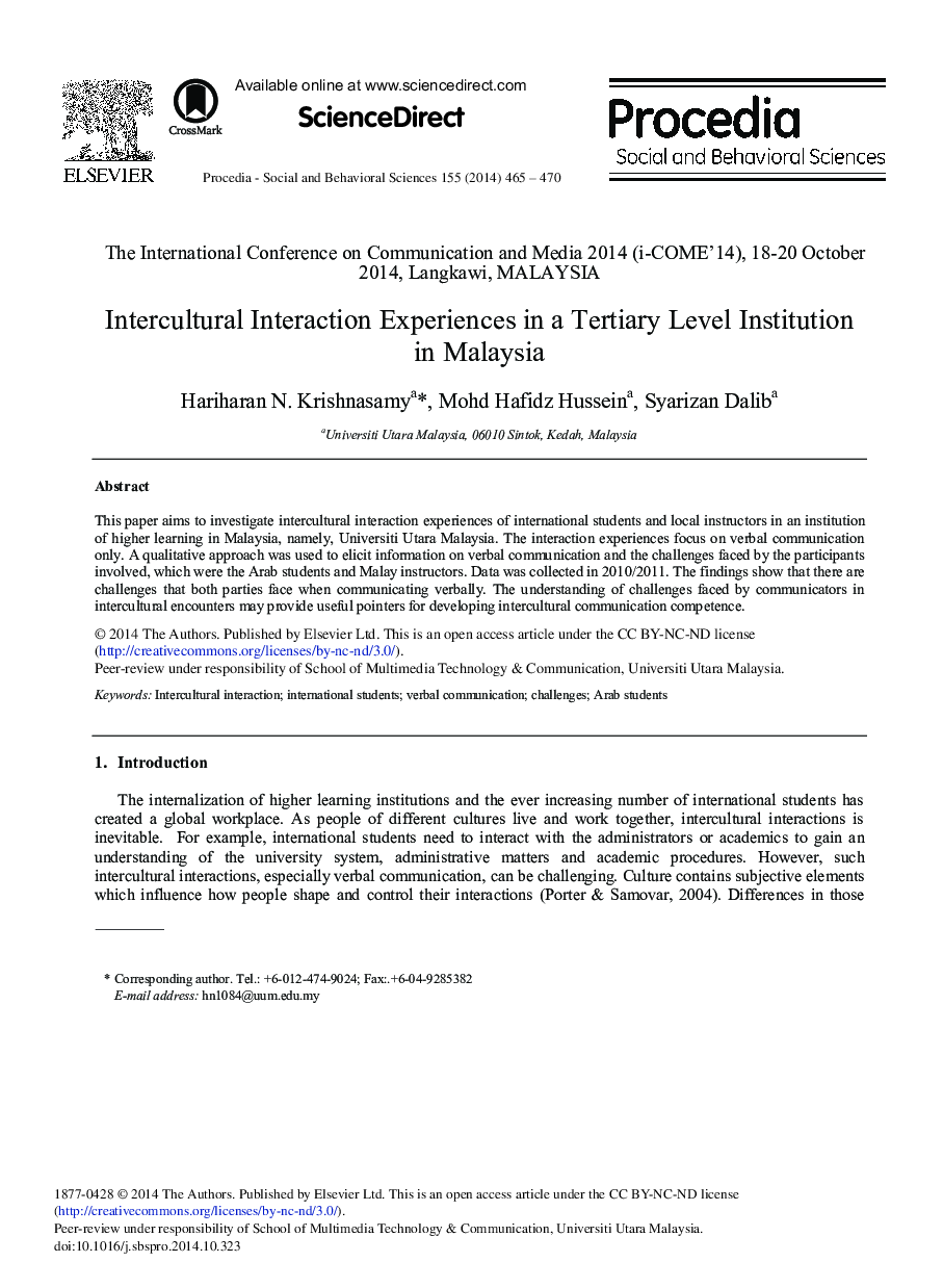 Intercultural Interaction Experiences in a Tertiary Level Institution in Malaysia 