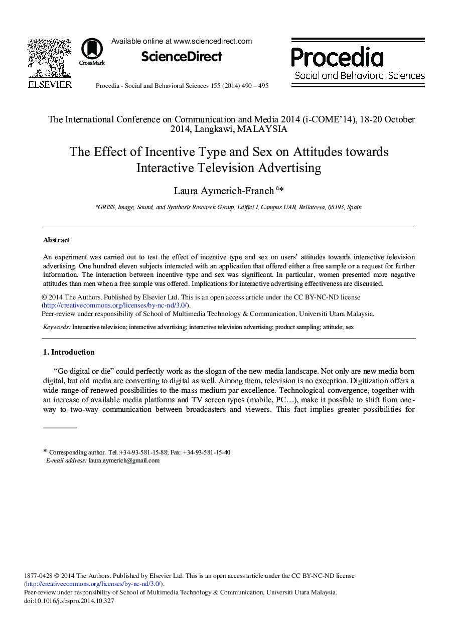 The Effect of Incentive Type and Sex on Attitudes towards Interactive Television Advertising 