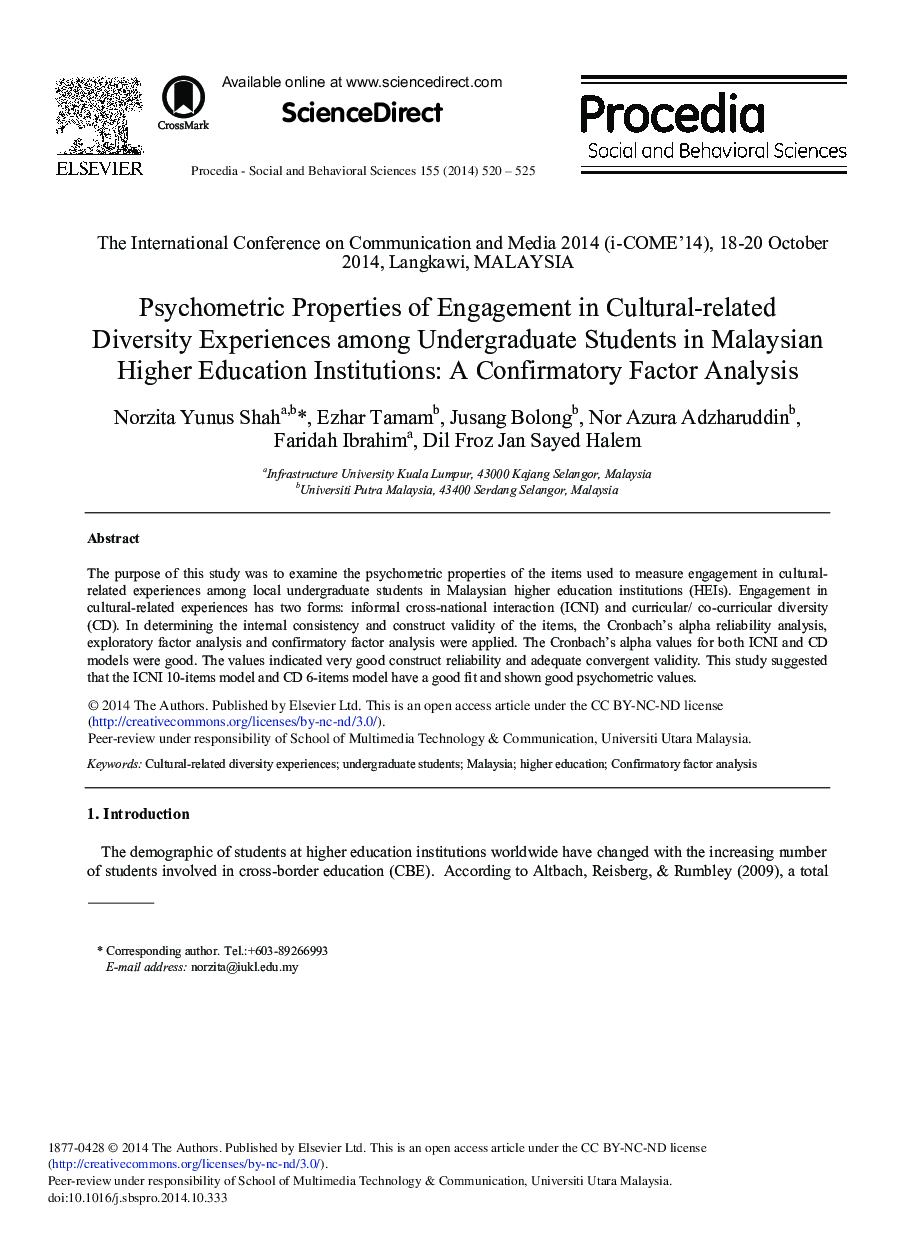 Psychometric Properties of Engagement in Cultural-related Diversity Experiences among Undergraduate Students in Malaysian Higher Education Institutions: A Confirmatory Factor Analysis 