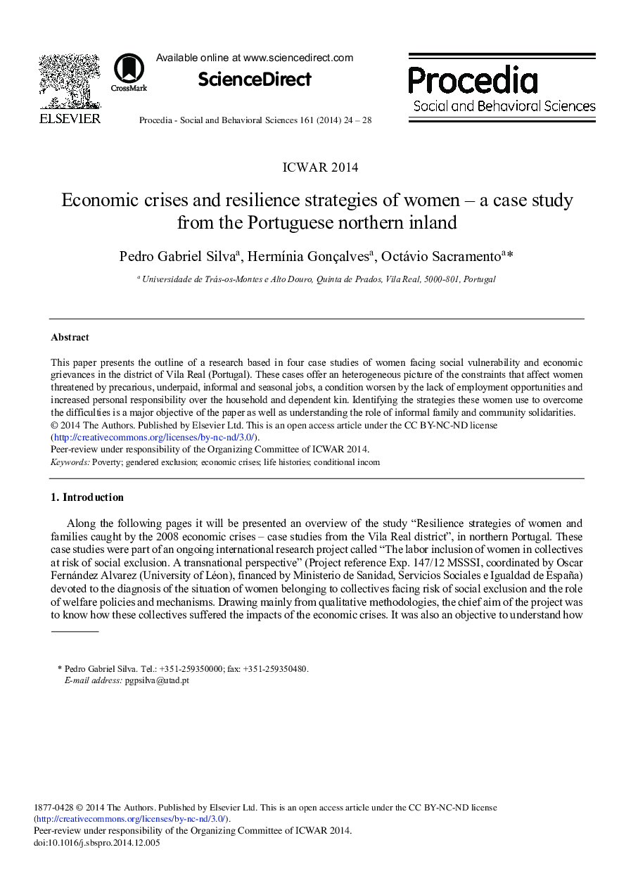 عکس صفحه اول مقاله: Economic Crises and Resilience Strategies of Women – A Case Study from the Portuguese Northern Inland Economic Crises and Resilience Strategies of Women – A Case Study from the Portuguese Northern Inland