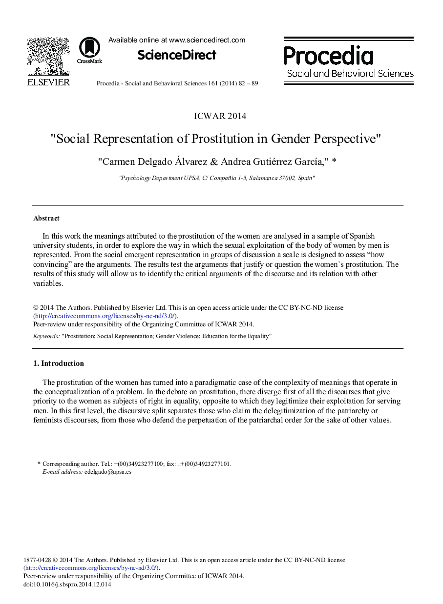 Social Representation of Prostitution in Gender Perspective 