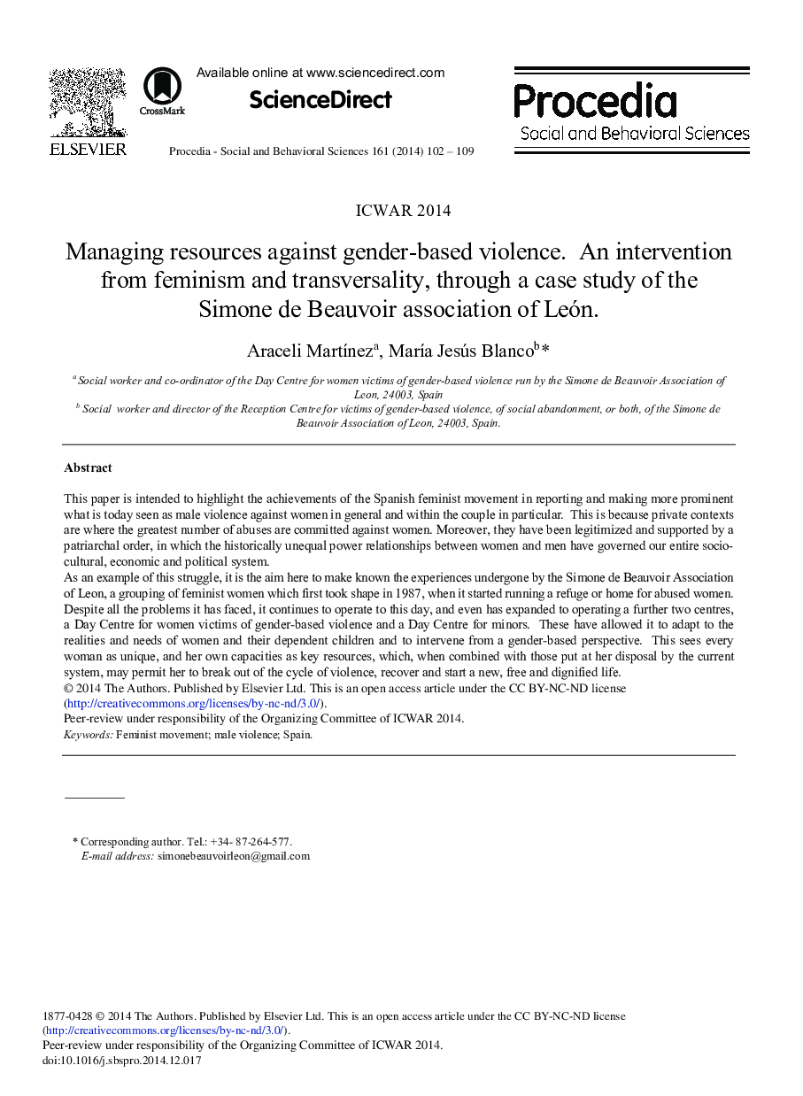 عکس صفحه اول مقاله: Managing Resources against Gender-based Violence. An Intervention from Feminism and Transversality, through a Case Study of the Simone de Beauvoir Association of León. Managing Resources against Gender-based Violence. An Intervention from Feminism and Transversality, through a Case Study of the Simone de Beauvoir Association of León.
