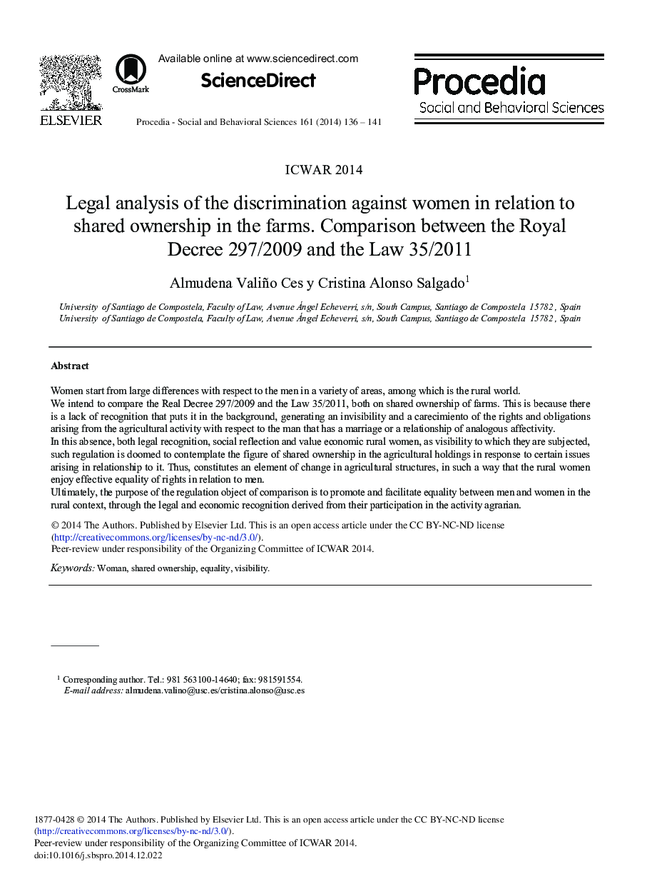 عکس صفحه اول مقاله: Legal Analysis of the Discrimination against Women in Relation to Shared Ownership in the Farms. Comparison between the Royal Decree 297/2009 and the Law 35/2011 Legal Analysis of the Discrimination against Women in Relation to Shared Ownership in the Farms. Comparison between the Royal Decree 297/2009 and the Law 35/2011