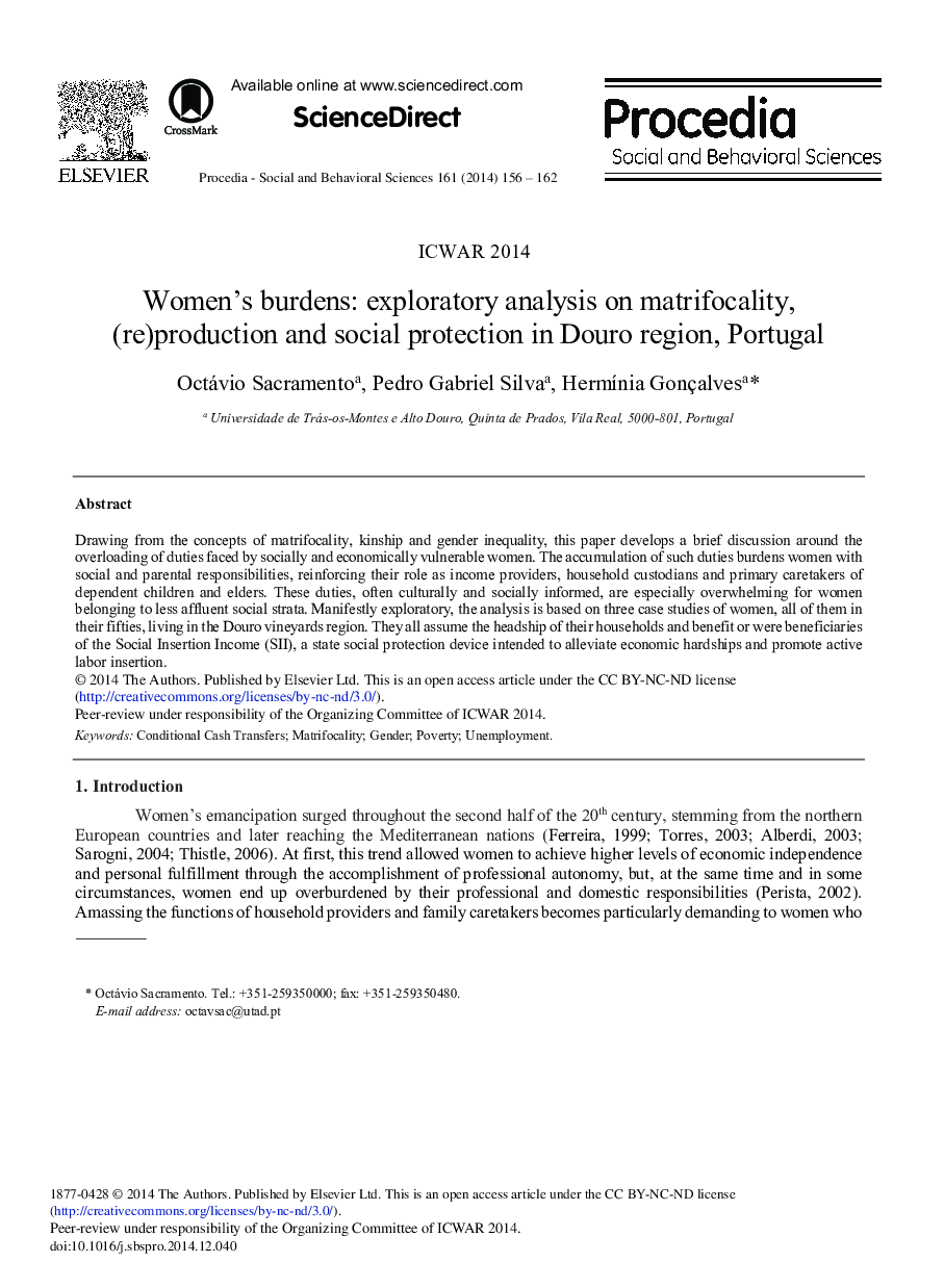 Women's Burdens: Exploratory Analysis on Matrifocality, (re)Production and Social Protection in Douro Region, Portugal 