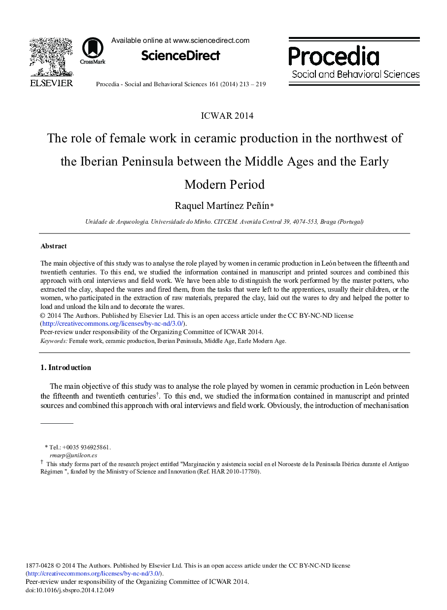 عکس صفحه اول مقاله: The Role of Female Work in Ceramic Production in the Northwest of the Iberian Peninsula between the Middle Ages and the Early Modern Period The Role of Female Work in Ceramic Production in the Northwest of the Iberian Peninsula between the Middle Ages and the Early Modern Period