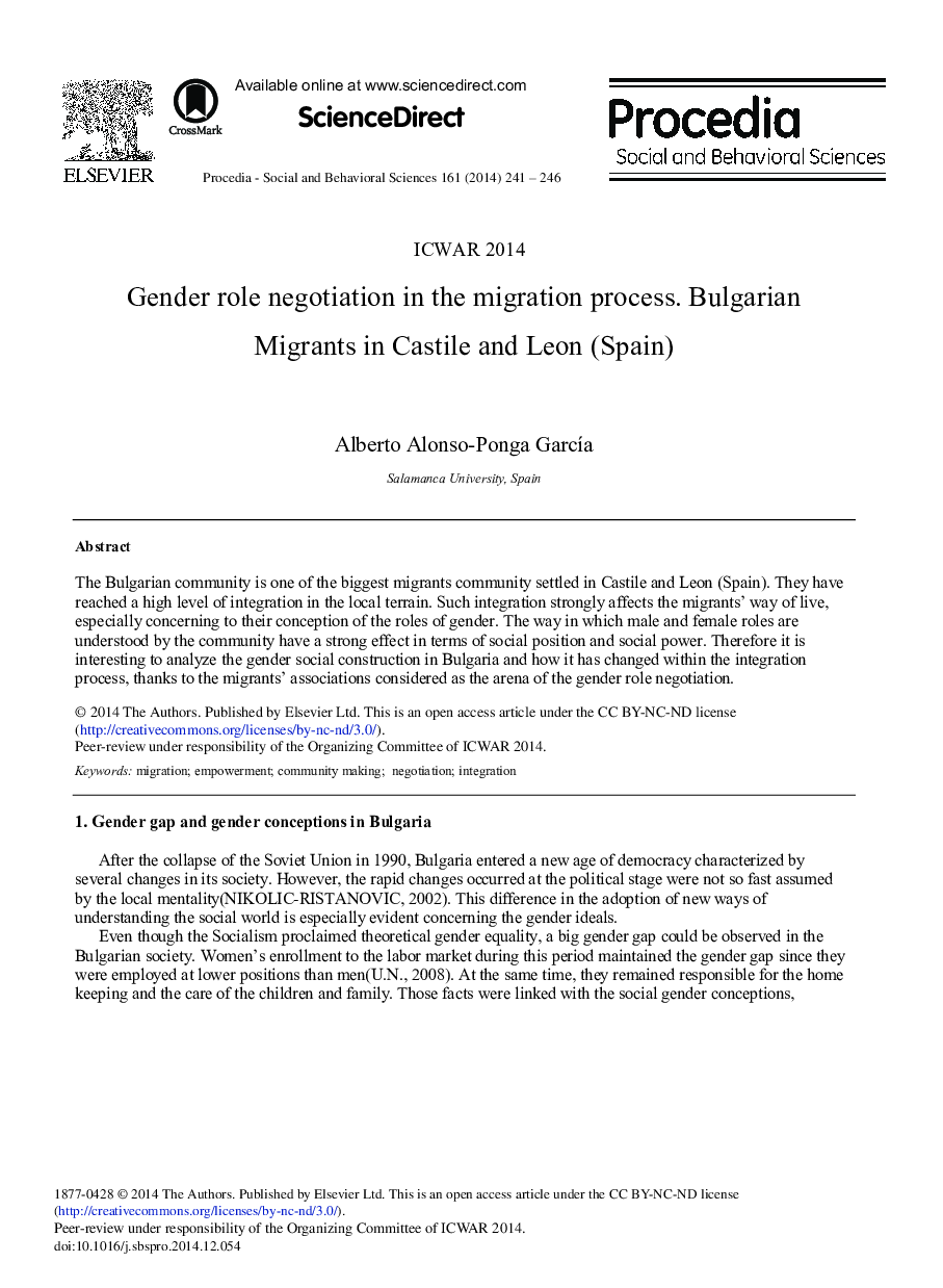 Gender Role Negotiation in the Migration Process. Bulgarian Migrants in Castile and Leon (Spain) 