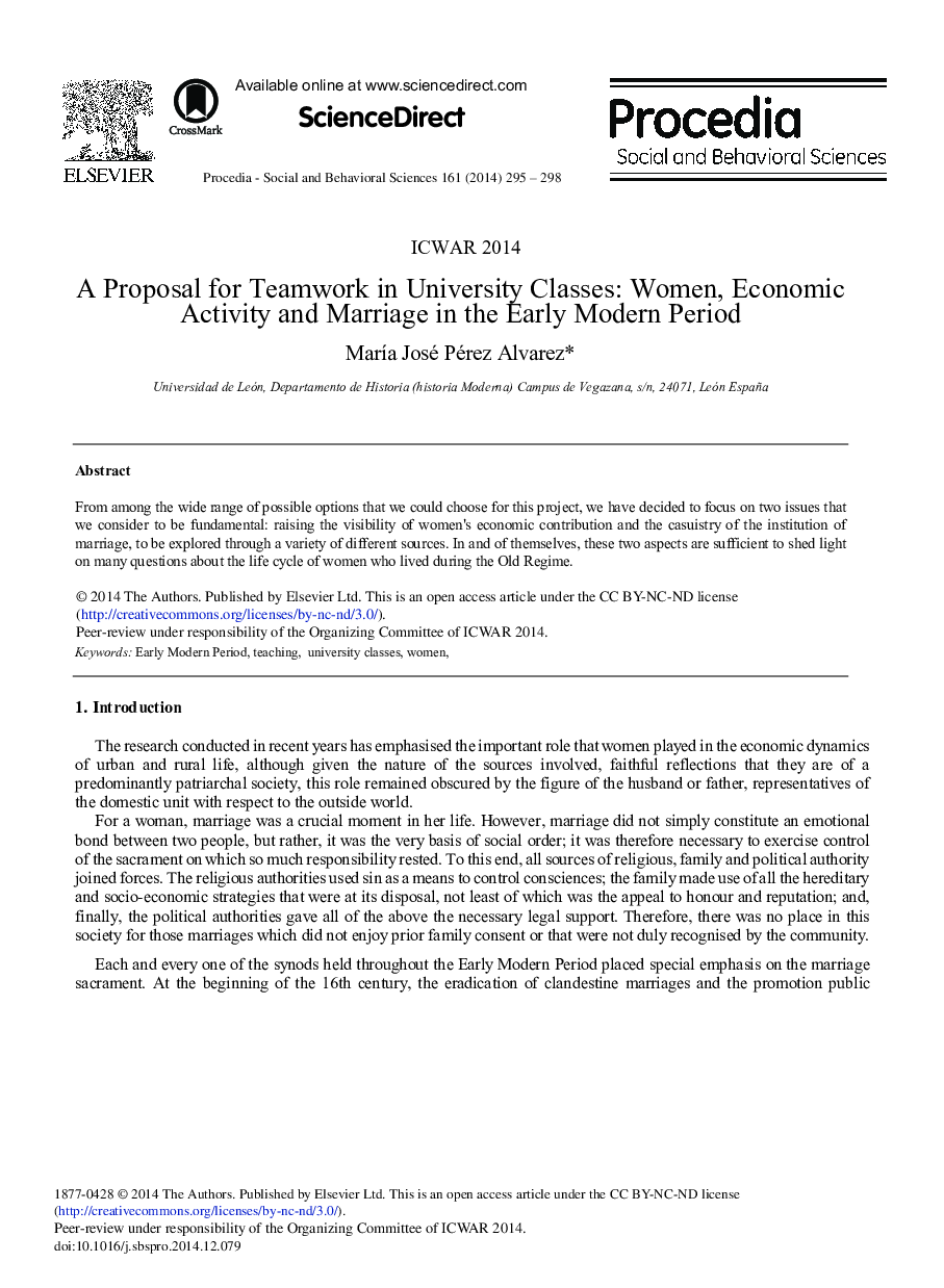 A Proposal for Teamwork in University Classes: Women, Economic Activity and Marriage in the Early Modern Period 
