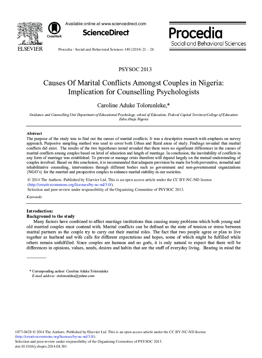 Causes of Marital Conflicts Amongst Couples in Nigeria: Implication for Counselling Psychologists 