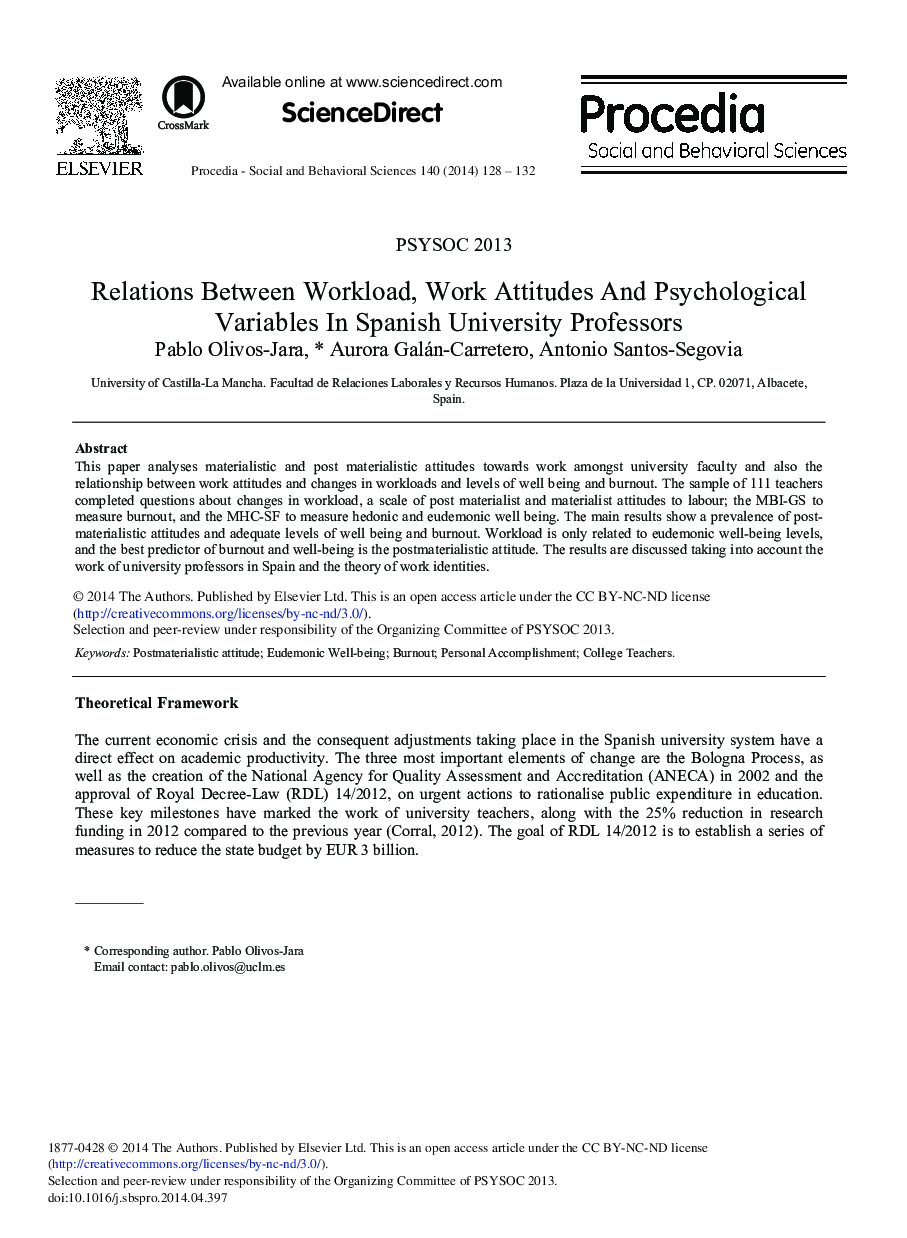 Relations Between Workload, Work Attitudes and Psychological Variables in Spanish University Professors 