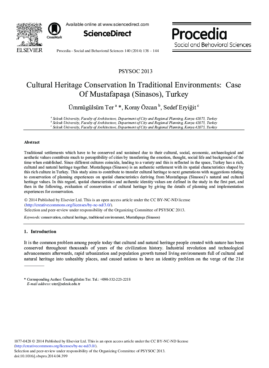 Cultural Heritage Conservation in Traditional Environments: Case of Mustafapaşa (Sinasos), Turkey 