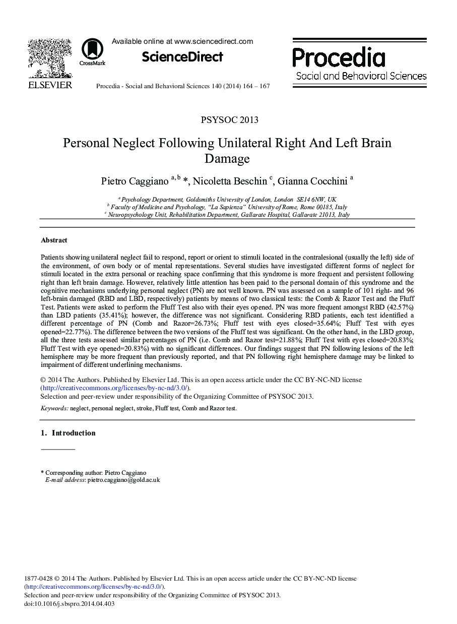 Personal Neglect Following Unilateral Right and Left Brain Damage 