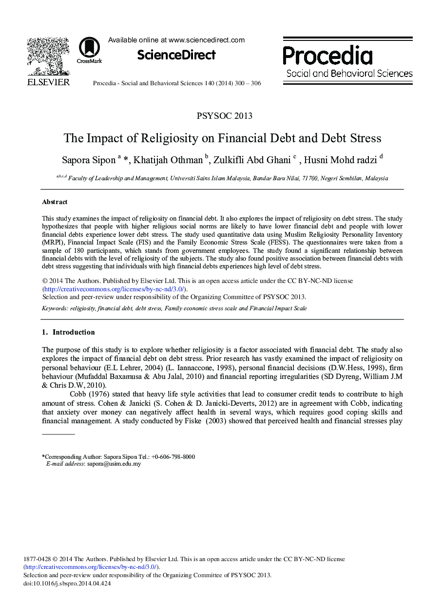 The Impact of Religiosity on Financial Debt and Debt Stress 