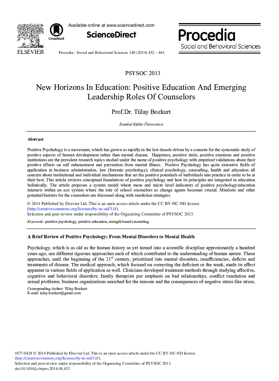 New Horizons in Education: Positive Education and Emerging Leadership Roles of Counselors 