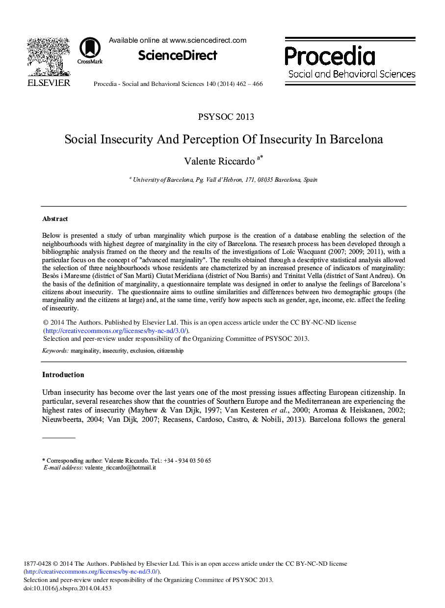 Social Insecurity and Perception of Insecurity in Barcelona 