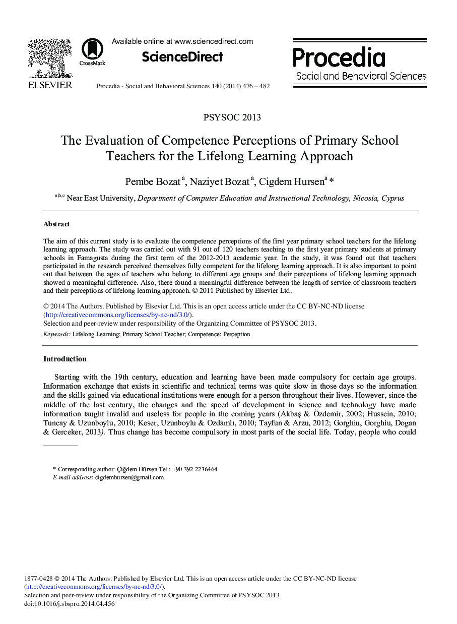 The Evaluation of Competence Perceptions of Primary School Teachers for the Lifelong Learning Approach 