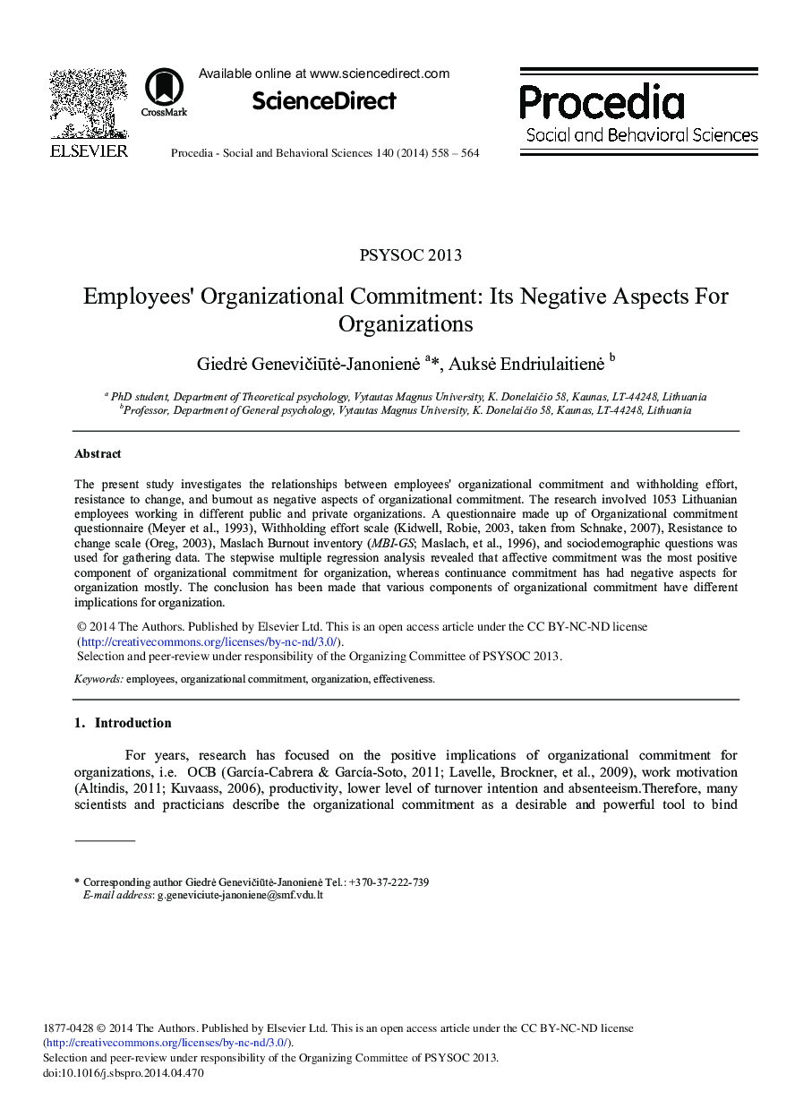 Employees’ Organizational Commitment: Its Negative Aspects for Organizations 