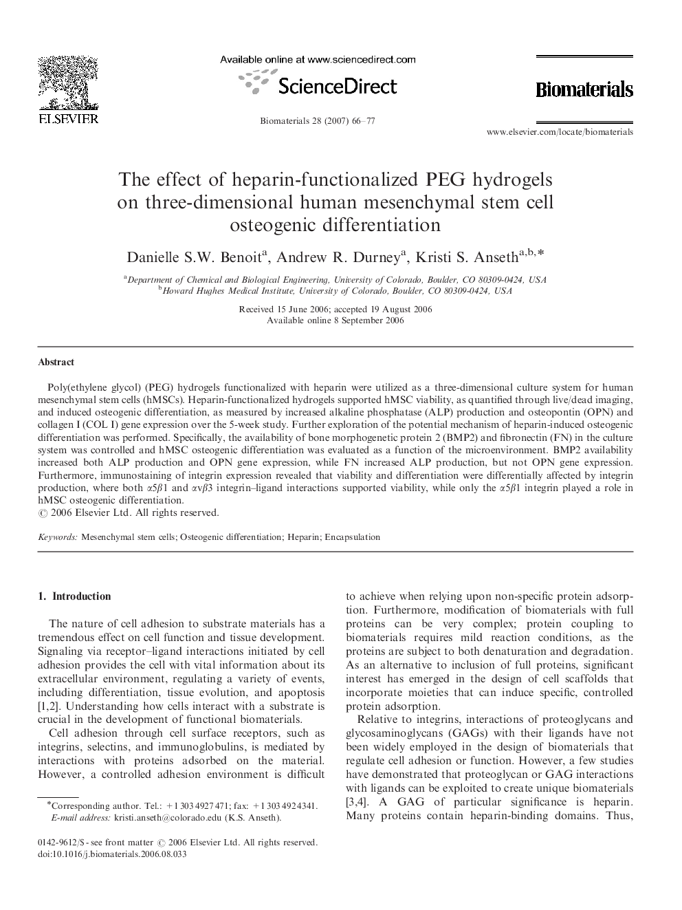 The effect of heparin-functionalized PEG hydrogels on three-dimensional human mesenchymal stem cell osteogenic differentiation